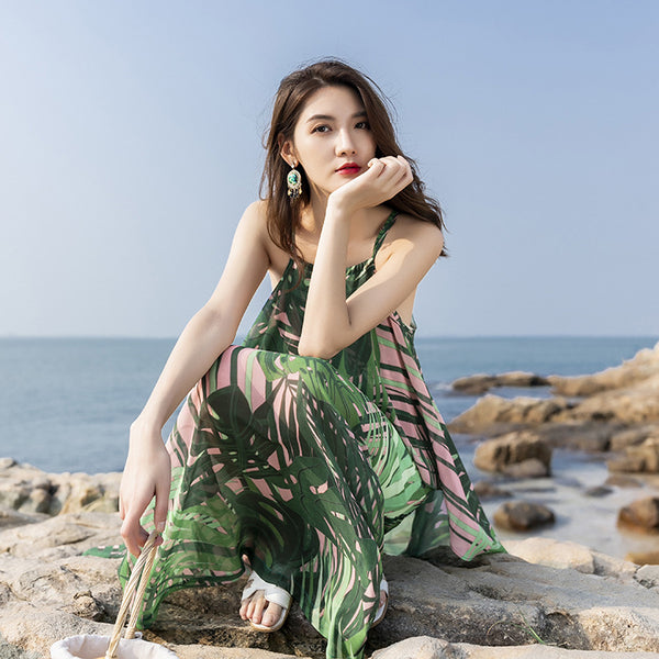 Beautiful Summer Holiday Beach Women Halter Neck Floral Printed Sleeveless Bohemian Chiffon Boho Long Dress