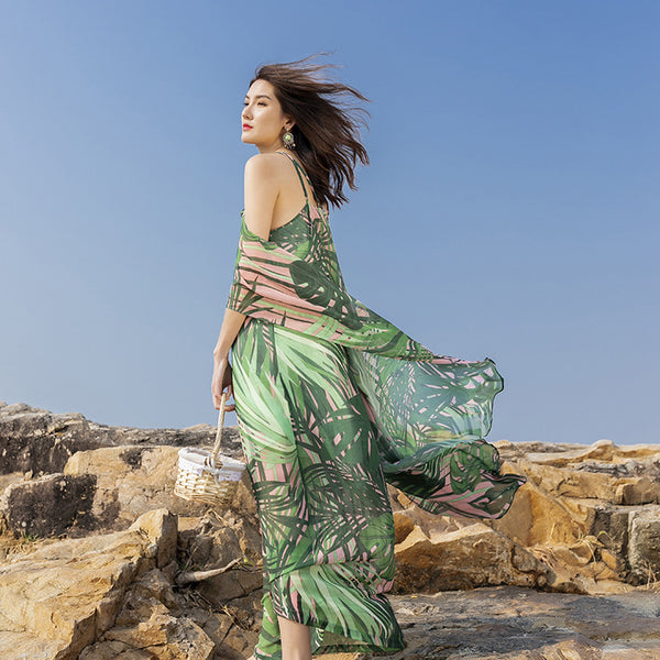 Beautiful Summer Holiday Beach Women Halter Neck Floral Printed Sleeveless Bohemian Chiffon Boho Long Dress