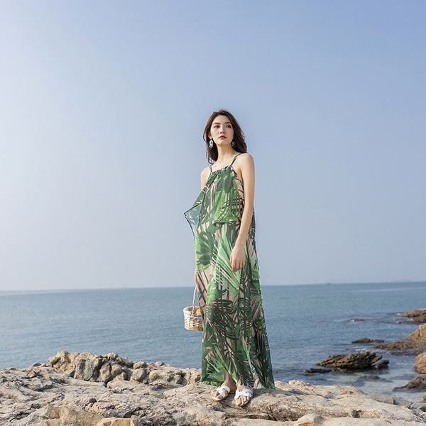 Beautiful Summer Holiday Beach Women Halter Neck Floral Printed Sleeveless Bohemian Chiffon Boho Long Dress