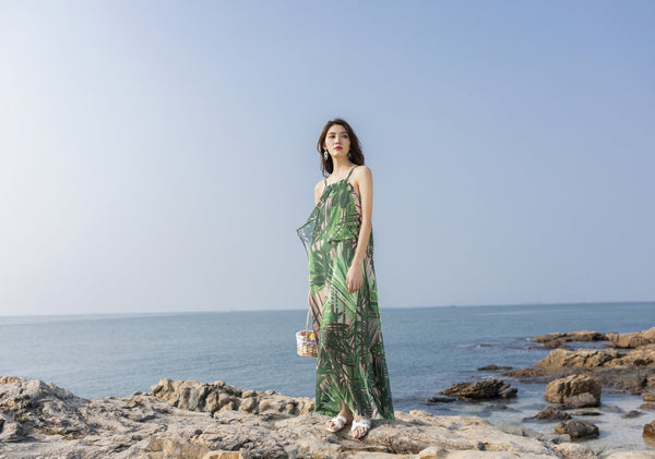 Beautiful Summer Holiday Beach Women Halter Neck Floral Printed Sleeveless Bohemian Chiffon Boho Long Dress