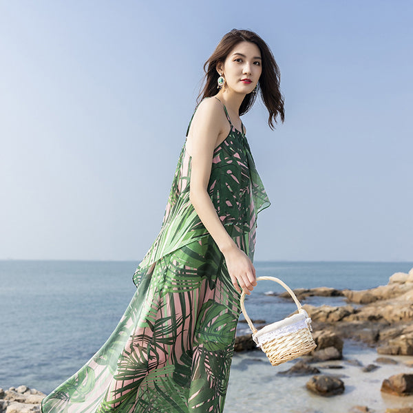 Beautiful Summer Holiday Beach Women Halter Neck Floral Printed Sleeveless Bohemian Chiffon Boho Long Dress