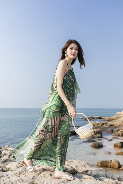 Beautiful Summer Holiday Beach Women Halter Neck Floral Printed Sleeveless Bohemian Chiffon Boho Long Dress