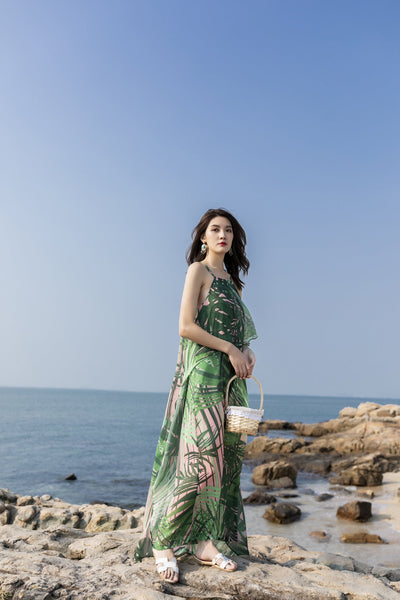 Beautiful Summer Holiday Beach Women Halter Neck Floral Printed Sleeveless Bohemian Chiffon Boho Long Dress