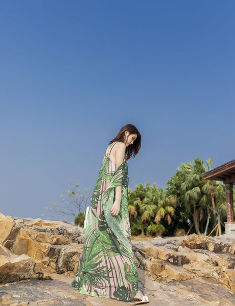 Beautiful Summer Holiday Beach Women Halter Neck Floral Printed Sleeveless Bohemian Chiffon Boho Long Dress