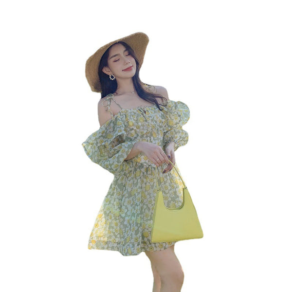 Summer Temperament Elegant Women Green Floral Ruffles Lotus Leaf Spaghetti Strap Holiday Outgoing A Line Dress