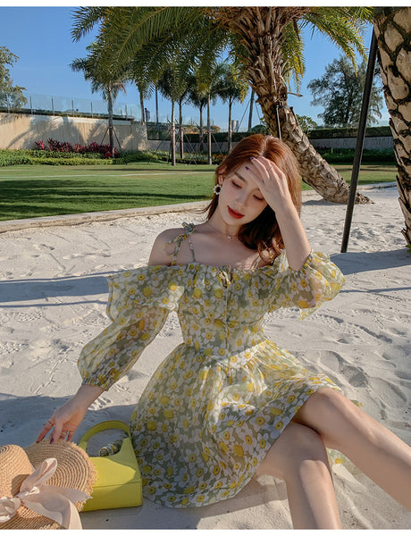 Summer Temperament Elegant Women Green Floral Ruffles Lotus Leaf Spaghetti Strap Holiday Outgoing A Line Dress