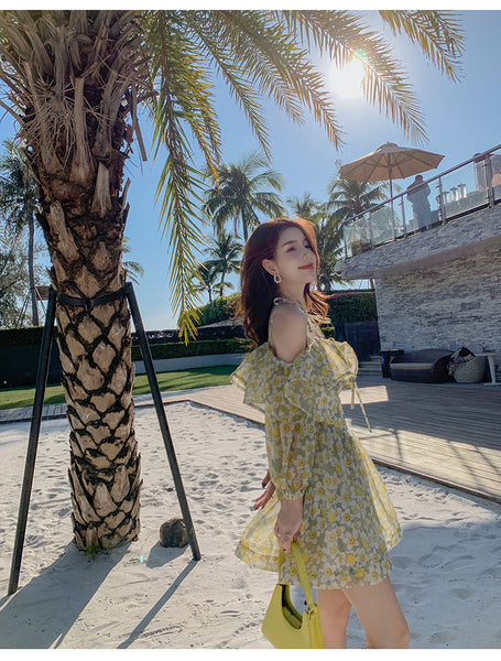 Summer Temperament Elegant Women Green Floral Ruffles Lotus Leaf Spaghetti Strap Holiday Outgoing A Line Dress