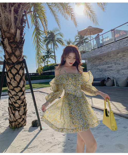 Summer Temperament Elegant Women Green Floral Ruffles Lotus Leaf Spaghetti Strap Holiday Outgoing A Line Dress