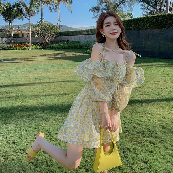 Summer Temperament Elegant Women Green Floral Ruffles Lotus Leaf Spaghetti Strap Holiday Outgoing A Line Dress