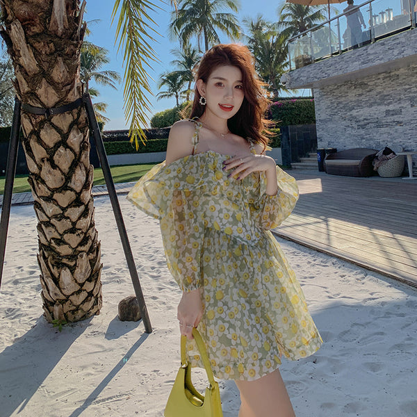 Summer Temperament Elegant Women Green Floral Ruffles Lotus Leaf Spaghetti Strap Holiday Outgoing A Line Dress