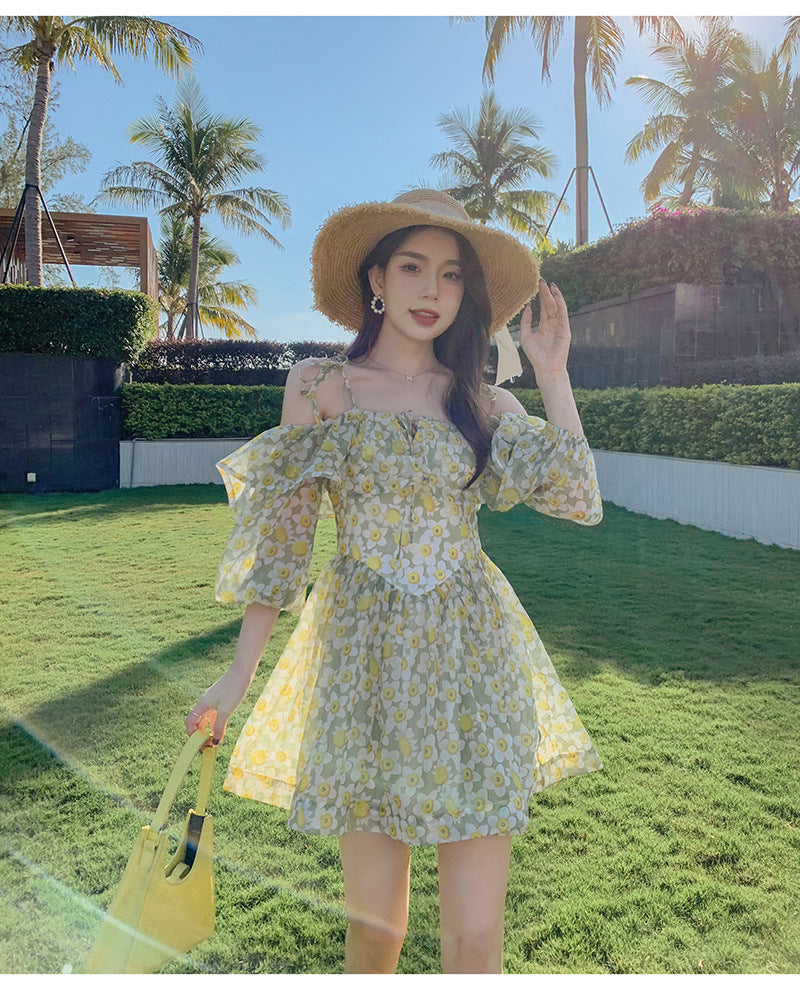 Summer Temperament Elegant Women Green Floral Ruffles Lotus Leaf Spaghetti Strap Holiday Outgoing A Line Dress