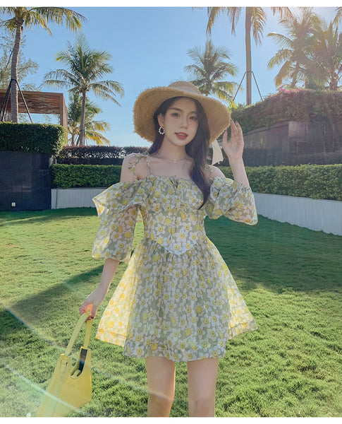 Summer Temperament Elegant Women Green Floral Ruffles Lotus Leaf Spaghetti Strap Holiday Outgoing A Line Dress