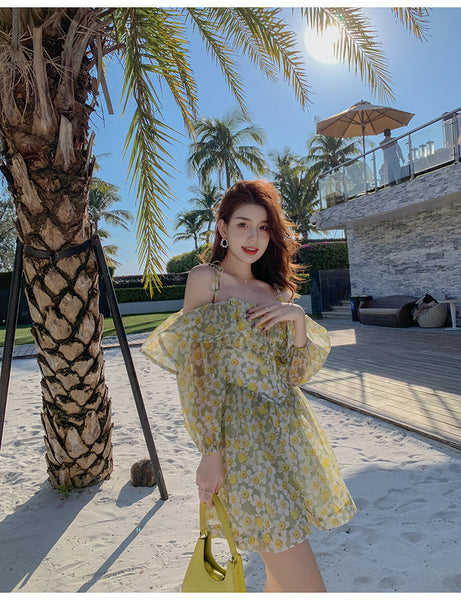 Summer Temperament Elegant Women Green Floral Ruffles Lotus Leaf Spaghetti Strap Holiday Outgoing A Line Dress