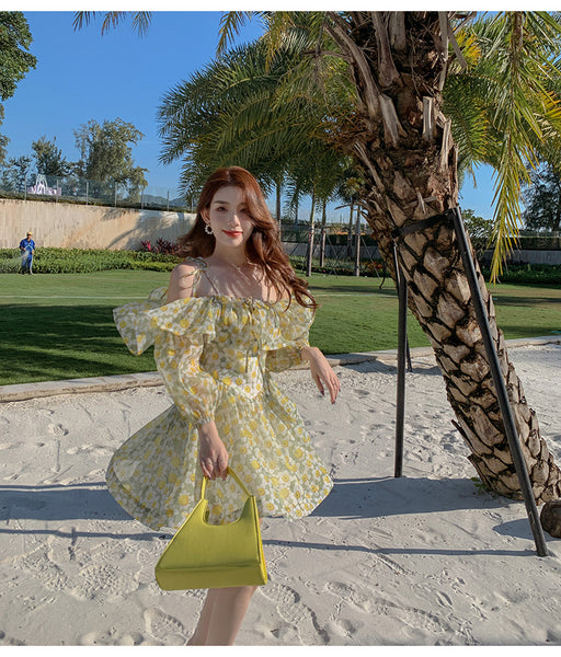 Summer Temperament Elegant Women Green Floral Ruffles Lotus Leaf Spaghetti Strap Holiday Outgoing A Line Dress