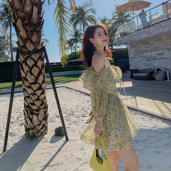 Summer Temperament Elegant Women Green Floral Ruffles Lotus Leaf Spaghetti Strap Holiday Outgoing A Line Dress