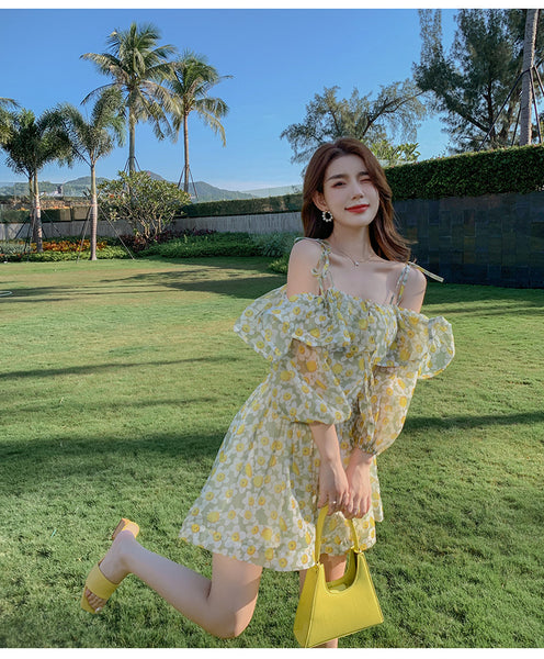 Summer Temperament Elegant Women Green Floral Ruffles Lotus Leaf Spaghetti Strap Holiday Outgoing A Line Dress