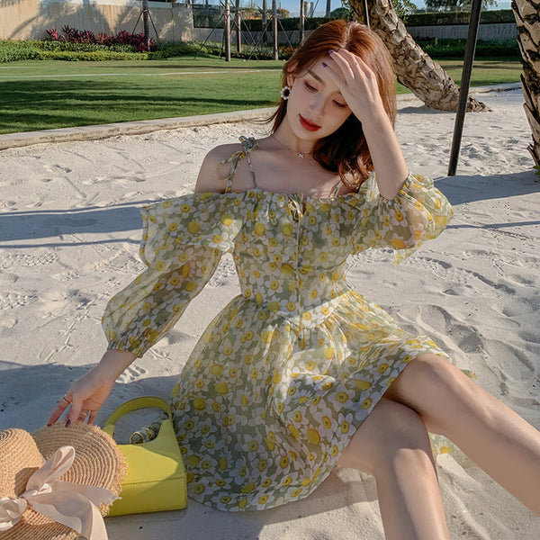 Summer Temperament Elegant Women Green Floral Ruffles Lotus Leaf Spaghetti Strap Holiday Outgoing A Line Dress