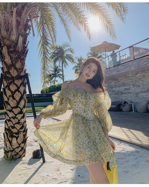 Summer Temperament Elegant Women Green Floral Ruffles Lotus Leaf Spaghetti Strap Holiday Outgoing A Line Dress