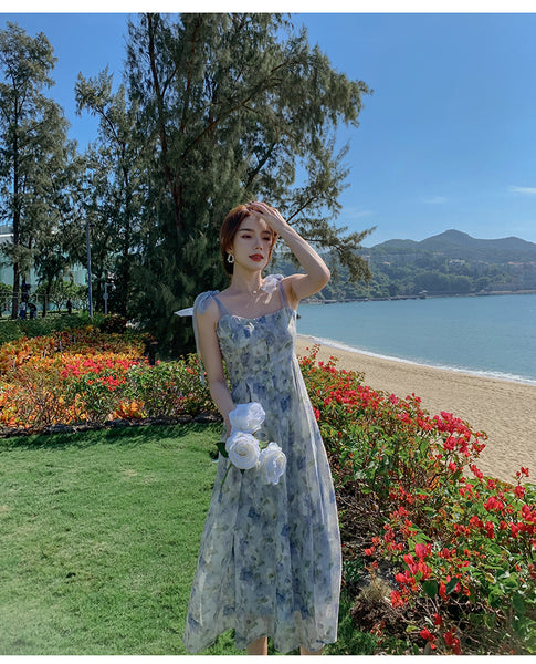 Summer Tea break Chic Sweet Women Shoulder Strap Sleeveless Oil Painting Dye Fairy High Waist Long Midi Dress