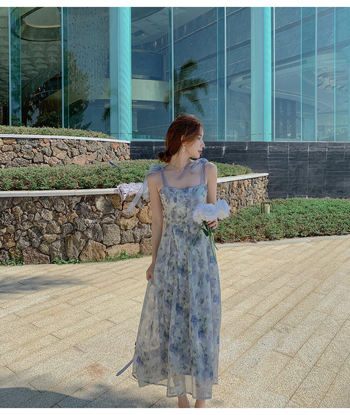 Summer Tea break Chic Sweet Women Shoulder Strap Sleeveless Oil Painting Dye Fairy High Waist Long Midi Dress