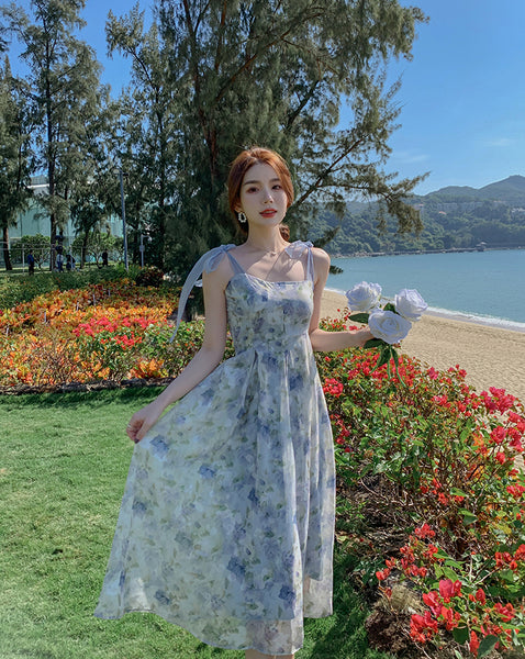 Summer Tea break Chic Sweet Women Shoulder Strap Sleeveless Oil Painting Dye Fairy High Waist Long Midi Dress