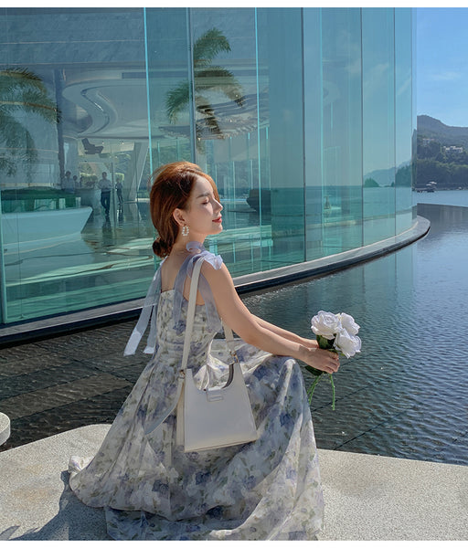 Summer Tea break Chic Sweet Women Shoulder Strap Sleeveless Oil Painting Dye Fairy High Waist Long Midi Dress