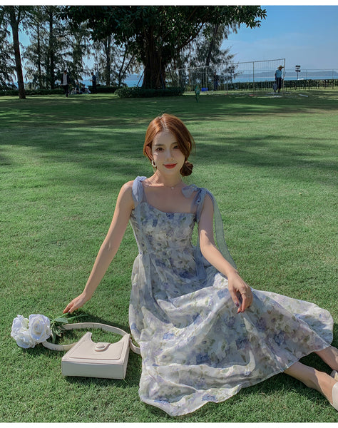 Summer Tea break Chic Sweet Women Shoulder Strap Sleeveless Oil Painting Dye Fairy High Waist Long Midi Dress