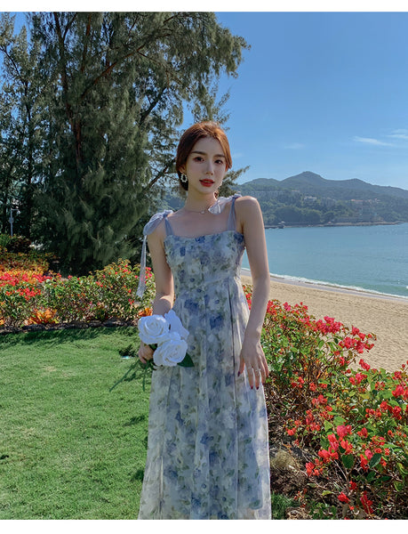 Summer Tea break Chic Sweet Women Shoulder Strap Sleeveless Oil Painting Dye Fairy High Waist Long Midi Dress