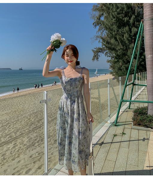 Summer Tea break Chic Sweet Women Shoulder Strap Sleeveless Oil Painting Dye Fairy High Waist Long Midi Dress