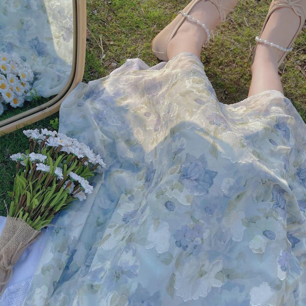 Summer Tea break Chic Sweet Women Shoulder Strap Sleeveless Oil Painting Dye Fairy High Waist Long Midi Dress