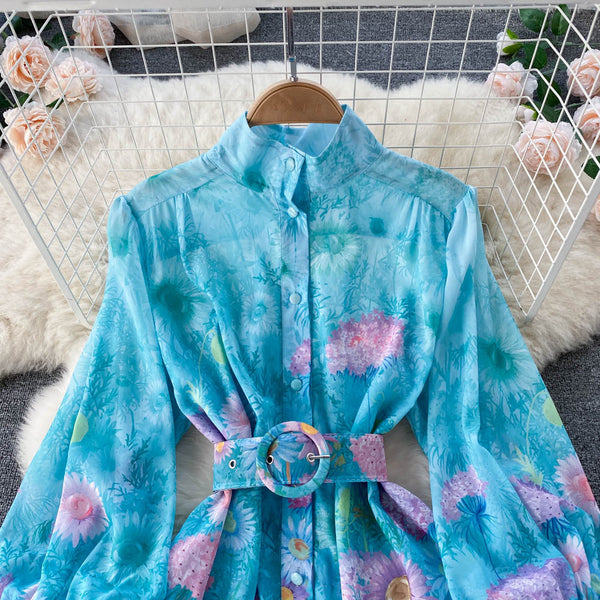 New Artsy Style Stylish Women Stand Collar Long Lantern Sleeve Floral printed Mid Length Pleated Dress