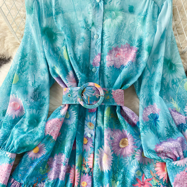 New Artsy Style Stylish Women Stand Collar Long Lantern Sleeve Floral printed Mid Length Pleated Dress