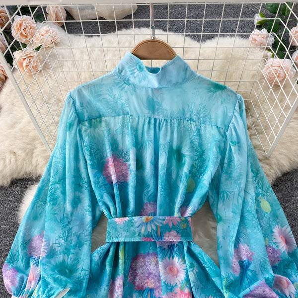 New Artsy Style Stylish Women Stand Collar Long Lantern Sleeve Floral printed Mid Length Pleated Dress