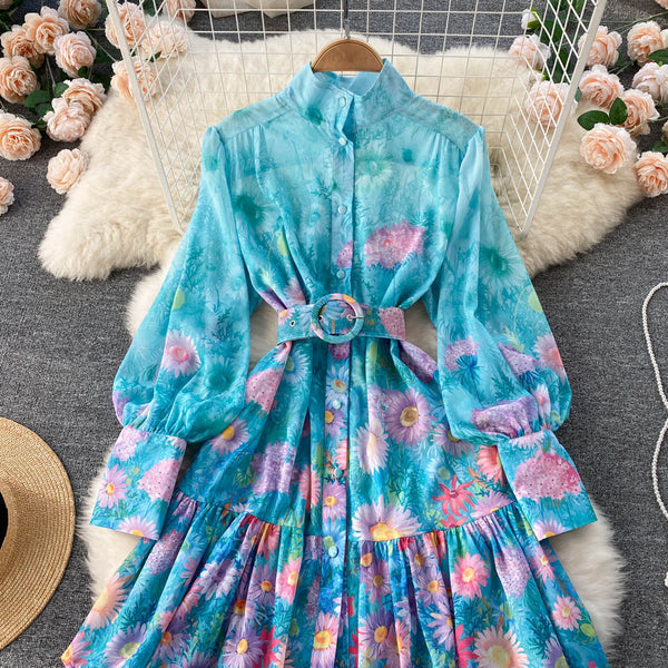 New Artsy Style Stylish Women Stand Collar Long Lantern Sleeve Floral printed Mid Length Pleated Dress