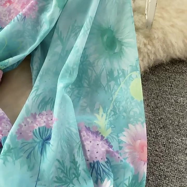 New Artsy Style Stylish Women Stand Collar Long Lantern Sleeve Floral printed Mid Length Pleated Dress