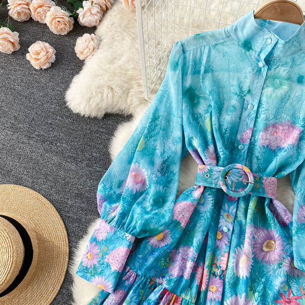 New Artsy Style Stylish Women Stand Collar Long Lantern Sleeve Floral printed Mid Length Pleated Dress