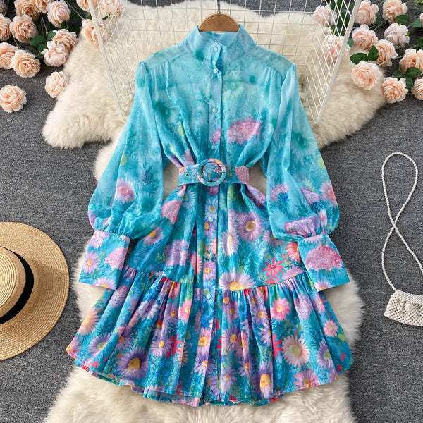 New Artsy Style Stylish Women Stand Collar Long Lantern Sleeve Floral printed Mid Length Pleated Dress