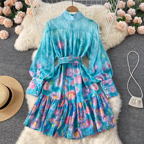 New Artsy Style Stylish Women Stand Collar Long Lantern Sleeve Floral printed Mid Length Pleated Dress