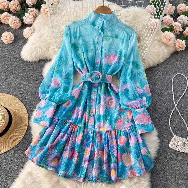 New Artsy Style Stylish Women Stand Collar Long Lantern Sleeve Floral printed Mid Length Pleated Dress