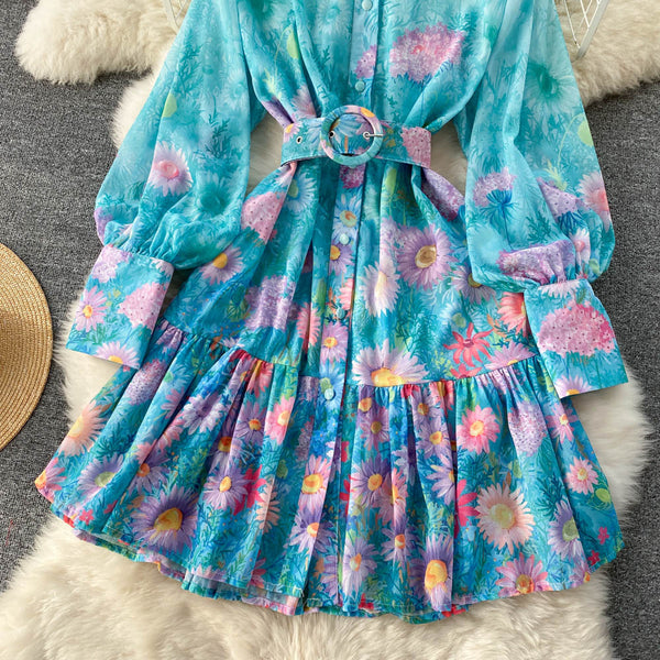 New Artsy Style Stylish Women Stand Collar Long Lantern Sleeve Floral printed Mid Length Pleated Dress