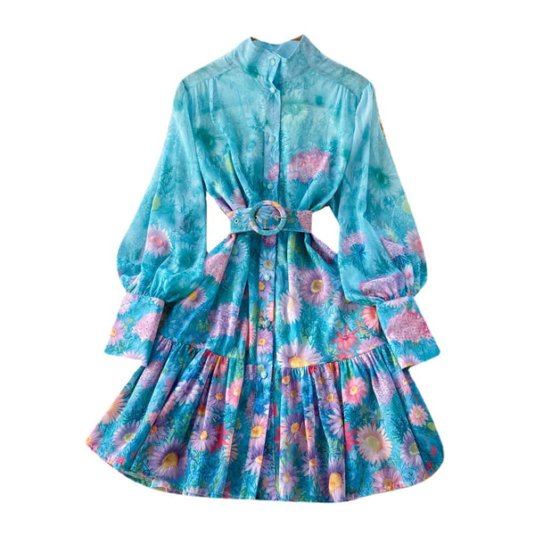 New Artsy Style Stylish Women Stand Collar Long Lantern Sleeve Floral printed Mid Length Pleated Dress
