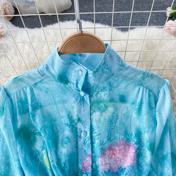 New Artsy Style Stylish Women Stand Collar Long Lantern Sleeve Floral printed Mid Length Pleated Dress