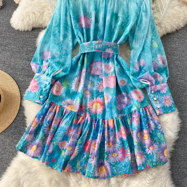 New Artsy Style Stylish Women Stand Collar Long Lantern Sleeve Floral printed Mid Length Pleated Dress