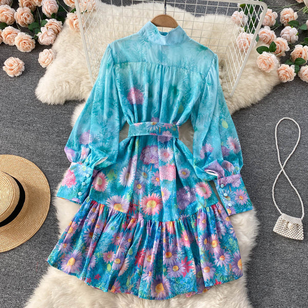 New Artsy Style Stylish Women Stand Collar Long Lantern Sleeve Floral printed Mid Length Pleated Dress