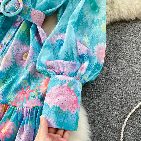 New Artsy Style Stylish Women Stand Collar Long Lantern Sleeve Floral printed Mid Length Pleated Dress