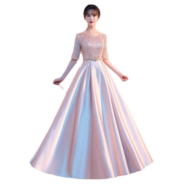 Gorgeous Banquet Evening Women Half Sleeves Blink Tassel Round Neck Costume Long Formal A Line Dresses