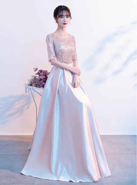 Gorgeous Banquet Evening Women Half Sleeves Blink Tassel Round Neck Costume Long Formal A Line Dresses
