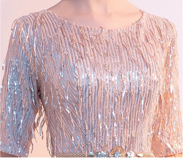 Gorgeous Banquet Evening Women Half Sleeves Blink Tassel Round Neck Costume Long Formal A Line Dresses