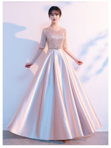 Gorgeous Banquet Evening Women Half Sleeves Blink Tassel Round Neck Costume Long Formal A Line Dresses