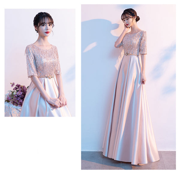 Gorgeous Banquet Evening Women Half Sleeves Blink Tassel Round Neck Costume Long Formal A Line Dresses
